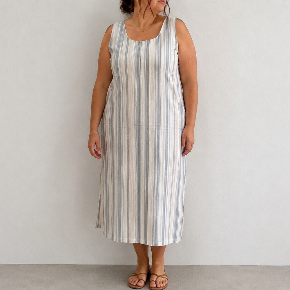 TravelSmith Beige Blue Striped Midi Shift Dress Sleeveless 3X Coastal Minimalist